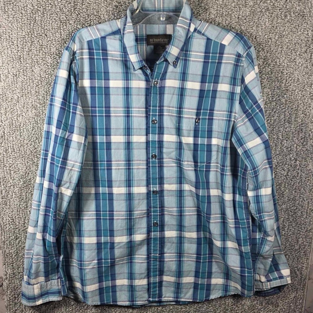 No Boundaries‎ Button Down Shirt Blue Plaid Long Sleeve Mens Large 42-44